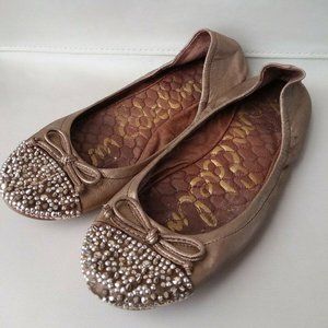SAM EDELMAN Bronze Brown Leather Ballet Flats Shoes with Spikes Studs & Bow 7M